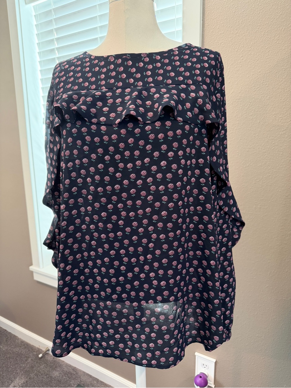 LOFT Navy Top with Pink Floral Pattern and Ruffle Trim